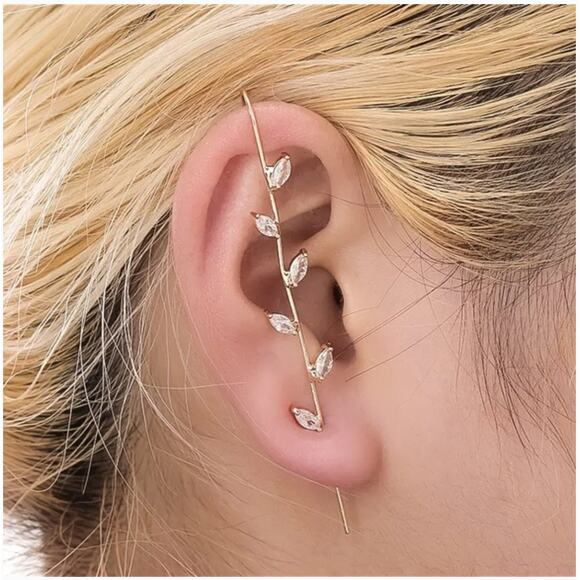 Ear Cuff Rhinestone Leaf Design Earrings Gold Tone Festival - Picture 1 of 5